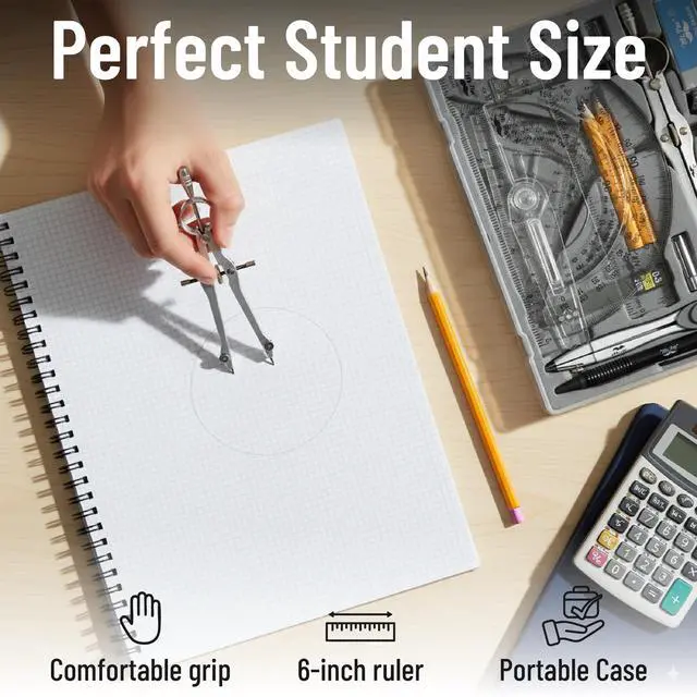 Alt view image 5 of 7 - - Geometry Set, 15 Piece Set with 6 Inch Swing Arm Protractor | IncludesMetal Divider, Set Squares, Ruler, Compasses for Math for Drafting & School Supplies