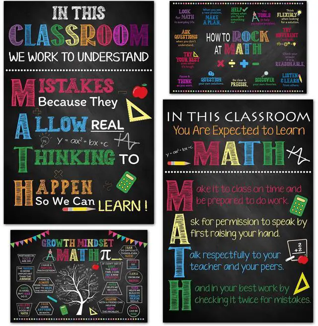 Main image of Math Posters, 4 Pack 11x17 Classroom Chart for Teacher Elementary | Supplies for Students, Decorations for Elementary, Middle, High School, Mathematics Education, Essential Signs Must Haves