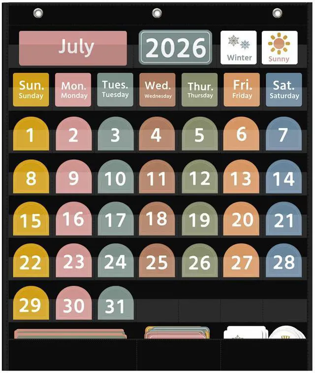 Main image of Large Boho Calendar Pocket Chart with 96 Cards for Classroom, Size:32.25 x 24.125 inch Black Monthly Calendar and Weather Pocket Chart for Student Learning for Home or School.