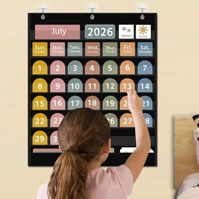 Alt view image 2 of 7 - Large Boho Calendar Pocket Chart with 96 Cards for Classroom, Size:32.25 x 24.125 inch Black Monthly Calendar and Weather Pocket Chart for Student Learning for Home or School.