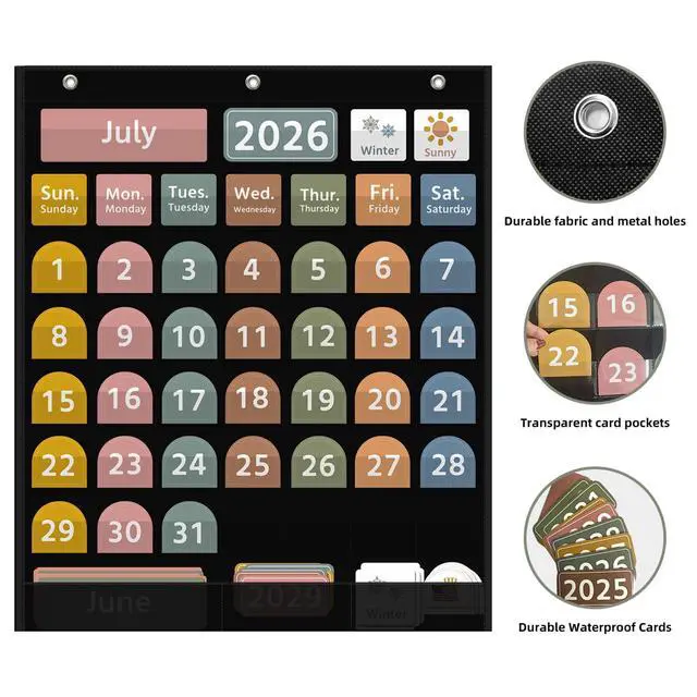 Alt view image 4 of 7 - Large Boho Calendar Pocket Chart with 96 Cards for Classroom, Size:32.25 x 24.125 inch Black Monthly Calendar and Weather Pocket Chart for Student Learning for Home or School.