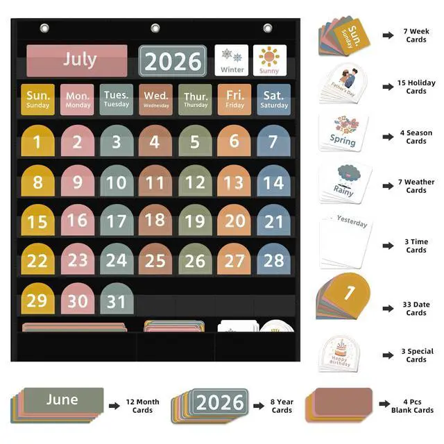 Alt view image 6 of 7 - Large Boho Calendar Pocket Chart with 96 Cards for Classroom, Size:32.25 x 24.125 inch Black Monthly Calendar and Weather Pocket Chart for Student Learning for Home or School.