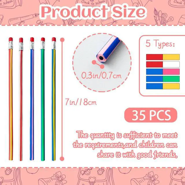 Alt view image 2 of 7 - Flexible Bendy Pencil,35 PCS Flexible Soft Pencil Colorful Stripe Soft Pencils with Eraser as Gift for Students or Children