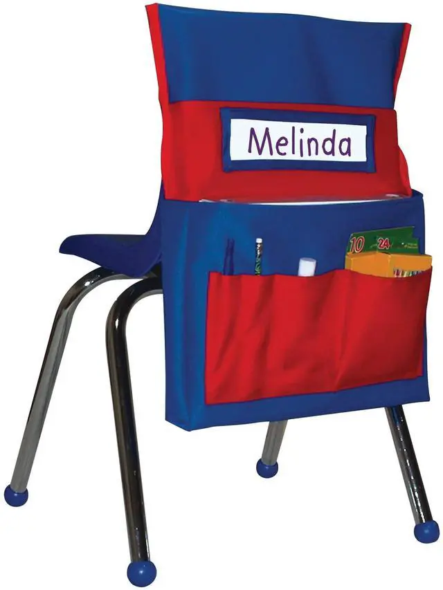 Main image of Chair Pockets for Classroom, Blue & Red, 1-Pack | Durable 15x19" Chairback Buddy for Classroom Supplies, Desk Buddy Pocket Organizer with Name Tag, Back of Chair Storage