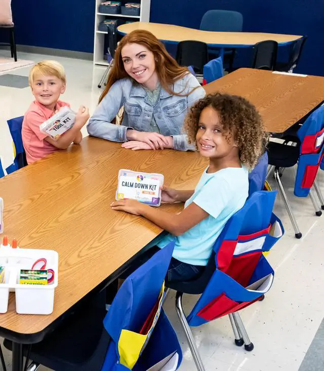Alt view image 7 of 7 - Chair Pockets for Classroom, Blue & Red, 1-Pack | Durable 15x19" Chairback Buddy for Classroom Supplies, Desk Buddy Pocket Organizer with Name Tag, Back of Chair Storage
