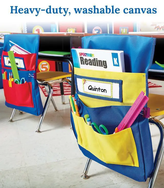 Alt view image 6 of 7 - Chair Pockets for Classroom, Blue & Red, 1-Pack | Durable 15x19" Chairback Buddy for Classroom Supplies, Desk Buddy Pocket Organizer with Name Tag, Back of Chair Storage