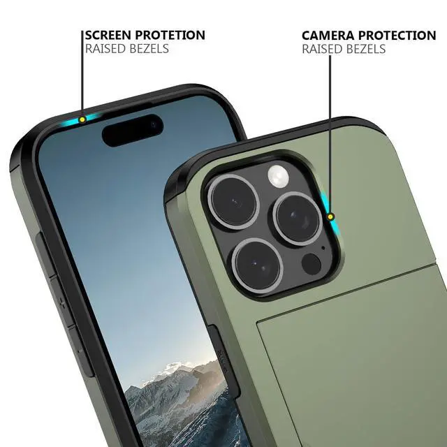 Alt view image 4 of 7 - for iPhone 16 Pro Case with Card Holder Green | Heavy Duty Protective Dual Layer Shockproof Hidden Card Slot, Slim Wallet Case for iPhone 16 Pro Men&Women