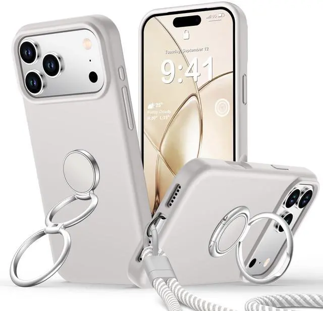 Main image of for iPhone 17 Pro Case with Double Ring Stand & Wrist Strap Stone | Liquid Silicone Phone Case with Soft Microfiber Lining, Shockproof Protective Cover for Women, 6.3" - Stone