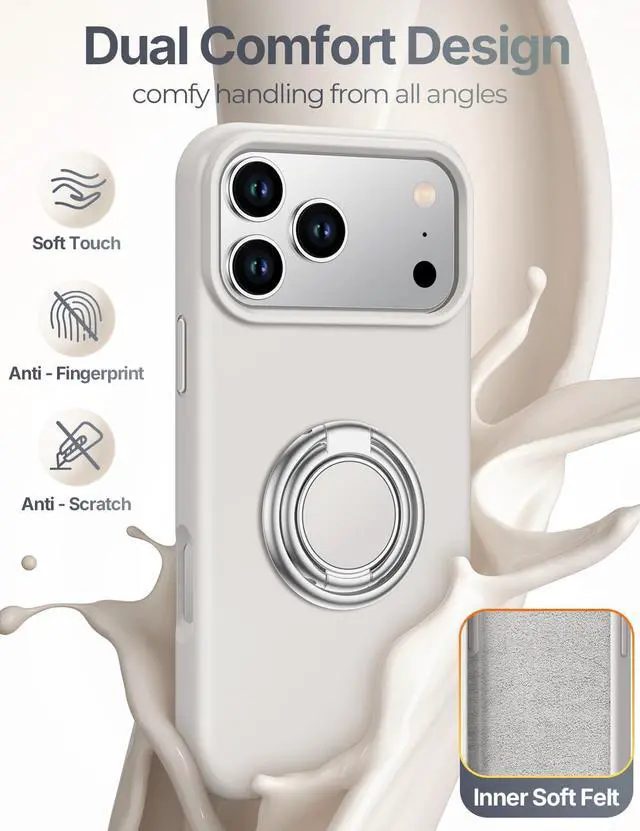 Alt view image 2 of 6 - for iPhone 17 Pro Case with Double Ring Stand & Wrist Strap Stone | Liquid Silicone Phone Case with Soft Microfiber Lining, Shockproof Protective Cover for Women, 6.3" - Stone