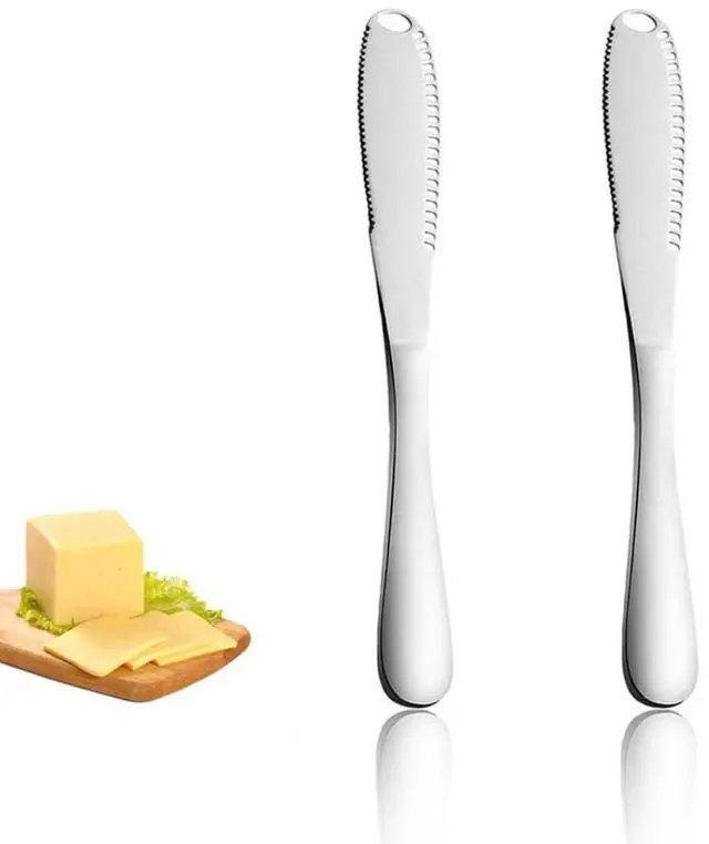 Main image of 2-Pack Stainless Steel Butter Knives with Holes 3-in-1 Spreader | For Cold Butter, Cheese & Jam Dishwasher Safe, Rust-Resistant, Soft Ergonomic Handle Perfect for Kitchen & Table