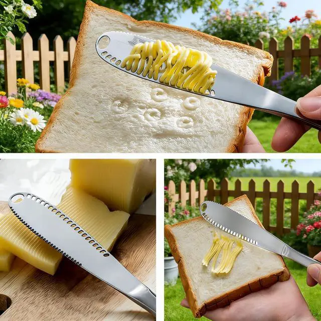 Alt view image 6 of 7 - 2-Pack Stainless Steel Butter Knives with Holes 3-in-1 Spreader | For Cold Butter, Cheese & Jam Dishwasher Safe, Rust-Resistant, Soft Ergonomic Handle Perfect for Kitchen & Table