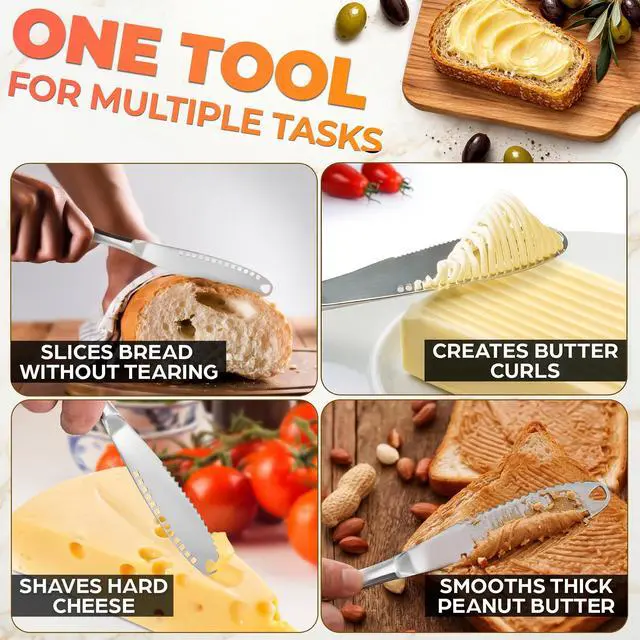 Alt view image 5 of 7 - 2 Pcs Butter Knife Spreader 3-in-1 Set, Stainless Steel | Butter Spreader Knife with Grater Blade and Holes; Non-Slip Grip, Dishwasher Safe; Spreads Cream Cheese and Jam