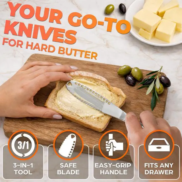 Alt view image 6 of 7 - 2 Pcs Butter Knife Spreader 3-in-1 Set, Stainless Steel | Butter Spreader Knife with Grater Blade and Holes; Non-Slip Grip, Dishwasher Safe; Spreads Cream Cheese and Jam