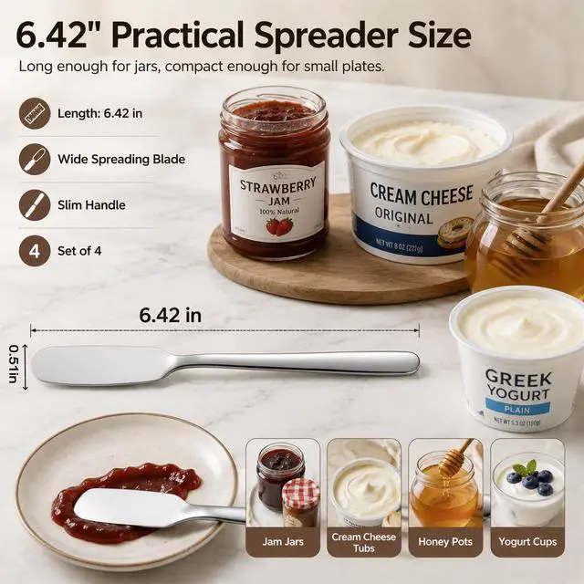 Alt view image 2 of 7 - 4 Pack Stainless Steel Butter Spreader Knives Jam Cream Spread Utensils | 6.46in Cheese Spreaders Silver, Ideal for Jam Cream Peanut Butter for Breakfast Home Kitchen Use,Silver
