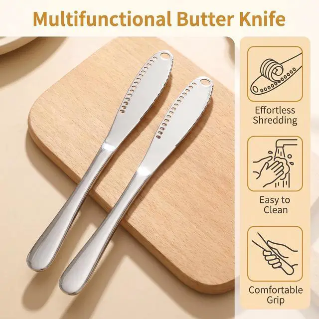 Alt view image 4 of 7 - 2 Pcs Stainless Steel Butter Knives | 3 in 1 Butter Knife Set, Butter Spreader, Curler and Grater, for Butter, Cheese, Dishwasher Safe, Rust-Resistant, Ergonomic