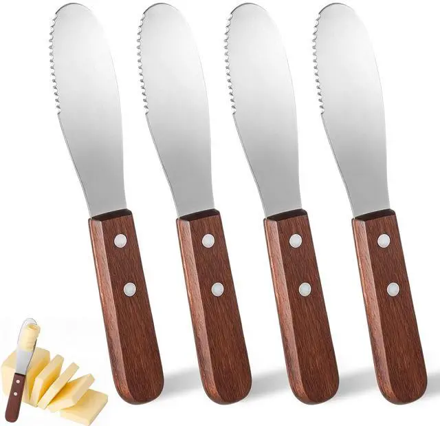 Main image of 4 Pack Butter Spreader Knife Stainless Steel Cream Cheese Spreader with Wood Handle Butter Knife with Holes for Butters Cheese, Cream, Sandwich, and Condiment Serving