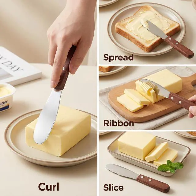 Alt view image 4 of 7 - 4 Pack Butter Spreader Knife Stainless Steel Cream Cheese Spreader with Wood Handle Butter Knife with Holes for Butters Cheese, Cream, Sandwich, and Condiment Serving