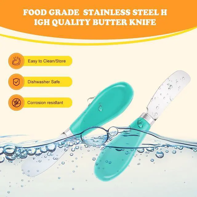 Alt view image 2 of 7 - Butter Spreader Knife Set, 2 Pack Butter Knives and Cheese Knives | Stainless steel knives with ceramic handles for hard butter, soft and hard cheese, and jam; dishwasher-safe; blue