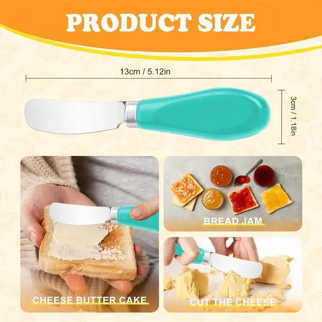 Alt view image 4 of 7 - Butter Spreader Knife Set, 2 Pack Butter Knives and Cheese Knives | Stainless steel knives with ceramic handles for hard butter, soft and hard cheese, and jam; dishwasher-safe; blue