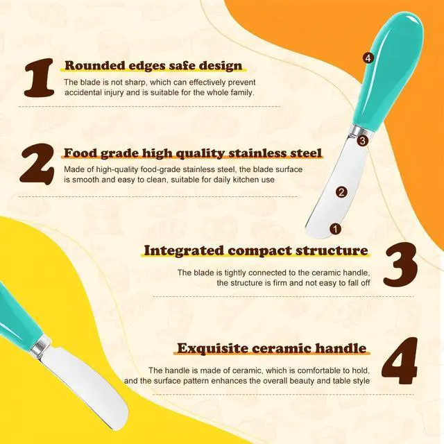Alt view image 5 of 7 - Butter Spreader Knife Set, 2 Pack Butter Knives and Cheese Knives | Stainless steel knives with ceramic handles for hard butter, soft and hard cheese, and jam; dishwasher-safe; blue