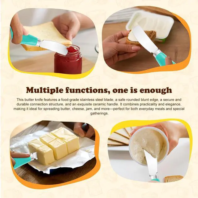 Alt view image 6 of 7 - Butter Spreader Knife Set, 2 Pack Butter Knives and Cheese Knives | Stainless steel knives with ceramic handles for hard butter, soft and hard cheese, and jam; dishwasher-safe; blue