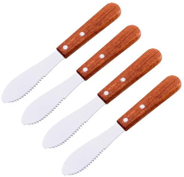 Main image of 8" Stainless Steel Straight Edge Butter Cheese Cream Sandwich Condiment Spreader Knives with Wood Handle for Kitchen Tools, Cooking Utensil, Event Guest Serving (4 Pack)