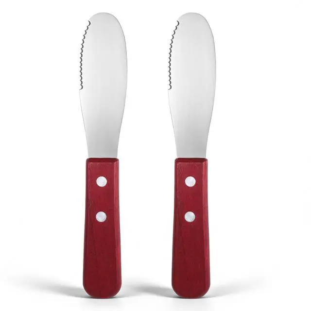 Main image of 2pcs Stainless Steel Butter Spreader Knife with Wooden Handle, Long Handle Red & Steel Color, Kitchen Tools for Sandwich Cream Condiments
