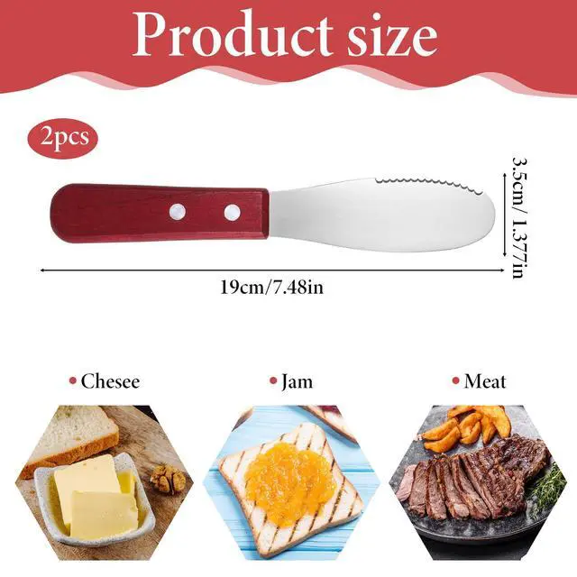 Alt view image 2 of 7 - 2pcs Stainless Steel Butter Spreader Knife with Wooden Handle, Long Handle Red & Steel Color, Kitchen Tools for Sandwich Cream Condiments