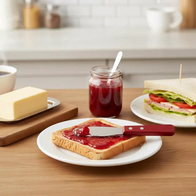 Alt view image 5 of 7 - 2pcs Stainless Steel Butter Spreader Knife with Wooden Handle, Long Handle Red & Steel Color, Kitchen Tools for Sandwich Cream Condiments