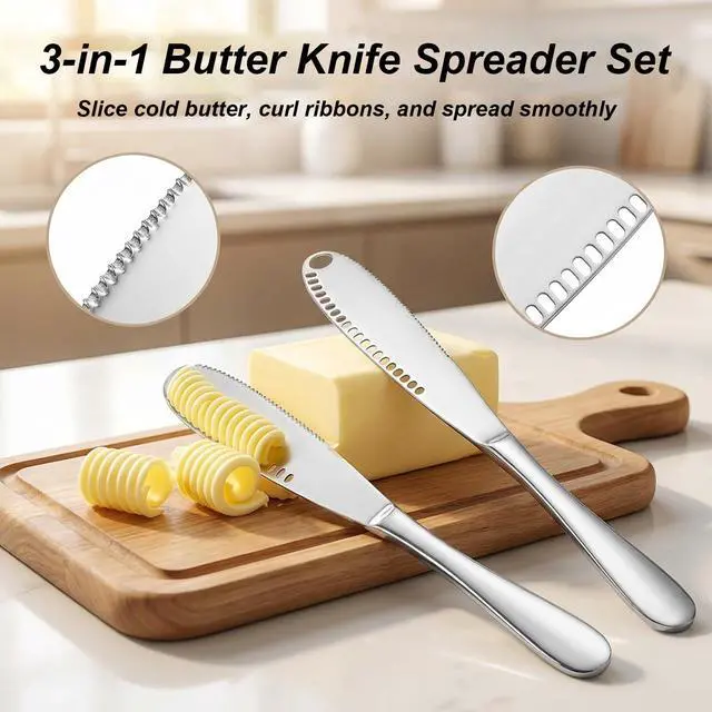 Alt view image 2 of 7 - 2PCS Upgraded 3-in-1 Butter Knife Spreader and Curler,Professional Stainless Steel Butter Grater for Cold Butter, 8.07 Inch Butter Slicer with Holes for Bread Cheese Jam, Silver
