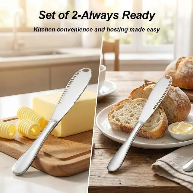 Alt view image 5 of 7 - 2PCS Upgraded 3-in-1 Butter Knife Spreader and Curler,Professional Stainless Steel Butter Grater for Cold Butter, 8.07 Inch Butter Slicer with Holes for Bread Cheese Jam, Silver
