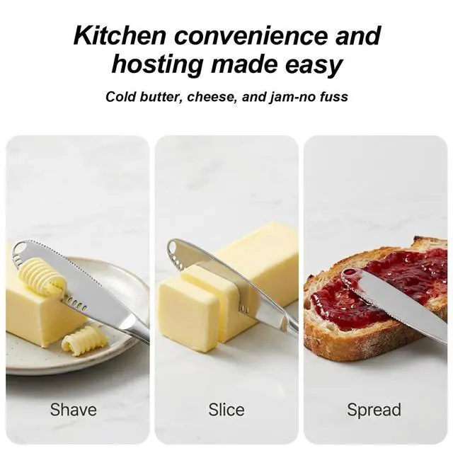 Alt view image 6 of 7 - 2PCS Upgraded 3-in-1 Butter Knife Spreader and Curler,Professional Stainless Steel Butter Grater for Cold Butter, 8.07 Inch Butter Slicer with Holes for Bread Cheese Jam, Silver
