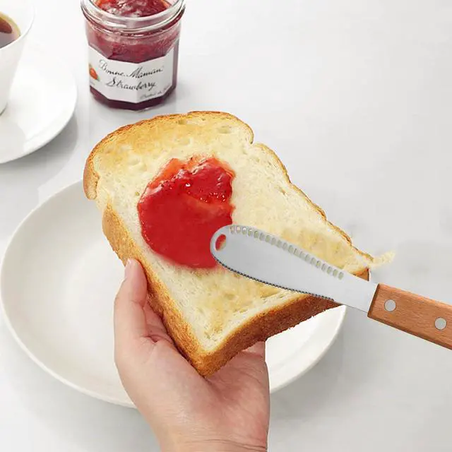 Alt view image 3 of 6 - Stainless Steel Butter Spreader Butter Knife Spreader with Wood Handle for Butter, Cheese, Cream, Sandwich, and Condiment Serving (4 Pack 3 in 1)
