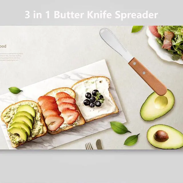 Alt view image 4 of 6 - Stainless Steel Butter Spreader Butter Knife Spreader with Wood Handle for Butter, Cheese, Cream, Sandwich, and Condiment Serving (4 Pack 3 in 1)