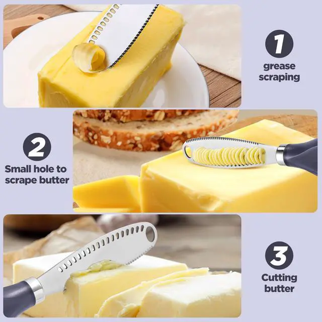 Alt view image 3 of 7 - 3 in 1 Stainless Steel Butter Knife, Spreader Slicer with Wooden Handle | Butter Cutter and Grater for Spreads, Butter, Cheese, Jam, Cream Cheese, Toast, Bagels and Condiments