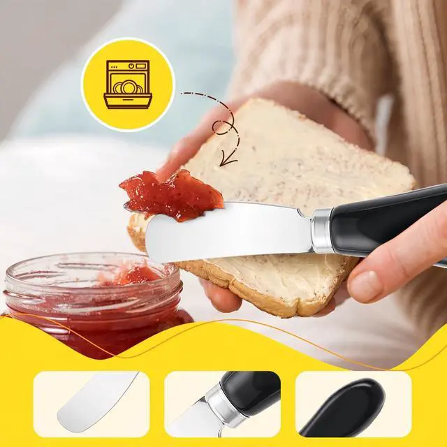 Alt view image 3 of 7 - Butter Spreader Knife Set, 2 Pack Butter Knives and Cheese Knives | Stainless steel knives with ceramic handles for hard butter, soft and hard cheese, and jam; dishwasher-safe; black