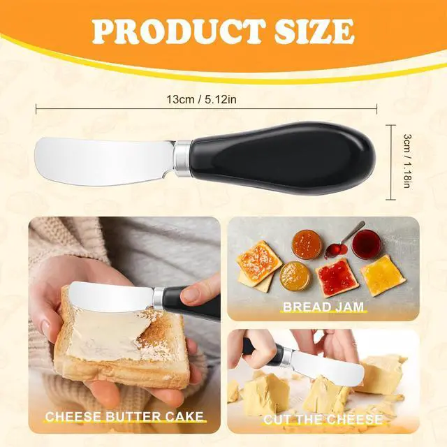 Alt view image 4 of 7 - Butter Spreader Knife Set, 2 Pack Butter Knives and Cheese Knives | Stainless steel knives with ceramic handles for hard butter, soft and hard cheese, and jam; dishwasher-safe; black