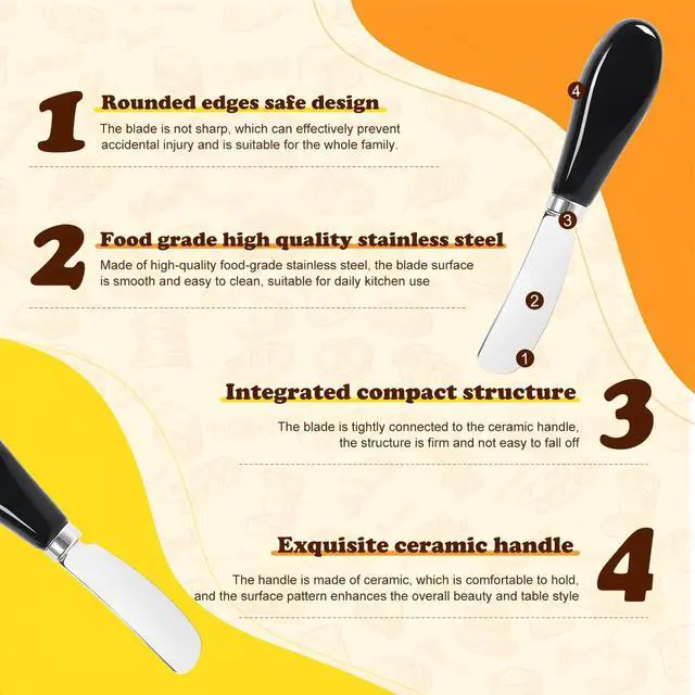 Alt view image 5 of 7 - Butter Spreader Knife Set, 2 Pack Butter Knives and Cheese Knives | Stainless steel knives with ceramic handles for hard butter, soft and hard cheese, and jam; dishwasher-safe; black