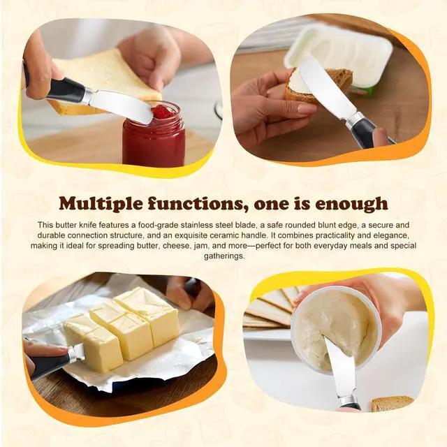 Alt view image 6 of 7 - Butter Spreader Knife Set, 2 Pack Butter Knives and Cheese Knives | Stainless steel knives with ceramic handles for hard butter, soft and hard cheese, and jam; dishwasher-safe; black