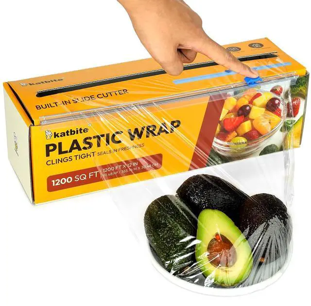 Main image of Plastic Wrap with Slide Cutter, 12 in x 1200 sq ft Cling Wrap | Food Service Clear Film Roll, Thick Enough Stronger Durable Stretch for Daily & Comercial Use, BPA-free
