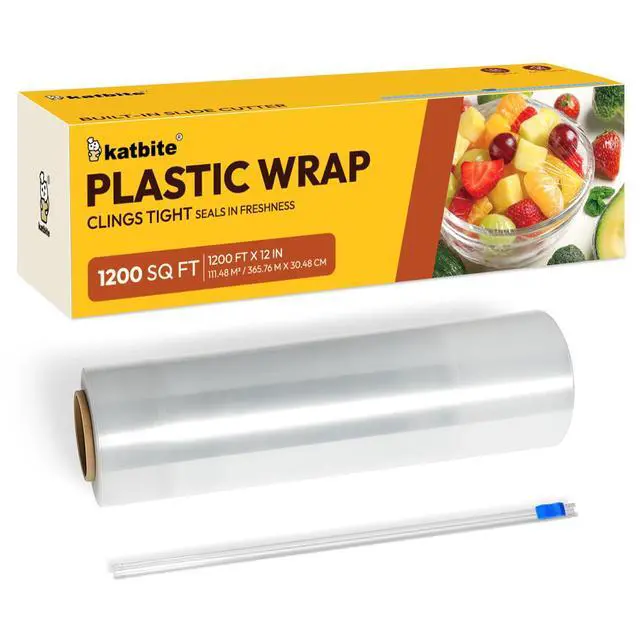 Alt view image 2 of 7 - Plastic Wrap with Slide Cutter, 12 in x 1200 sq ft Cling Wrap | Food Service Clear Film Roll, Thick Enough Stronger Durable Stretch for Daily & Comercial Use, BPA-free