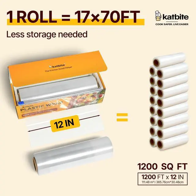 Alt view image 3 of 7 - Plastic Wrap with Slide Cutter, 12 in x 1200 sq ft Cling Wrap | Food Service Clear Film Roll, Thick Enough Stronger Durable Stretch for Daily & Comercial Use, BPA-free
