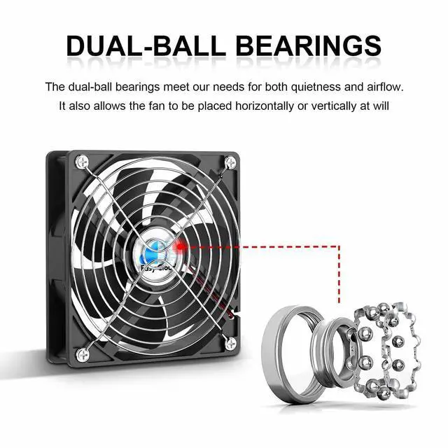 Alt view image 3 of 6 - 120mm 12V Computer Fan 2-Pin DC Cooling Fan 1800RPM Dual Ball Bearing 12 Volt High Performance Fan, 2 Pack
