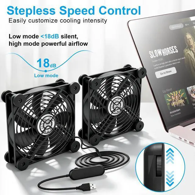 Alt view image 3 of 7 - 120mm USB Fan, Continuously Variable Speed Quiet Dual PC Fan for Receiver DVR PlayStation Xbox Computer Cabinet Router TV Cooling