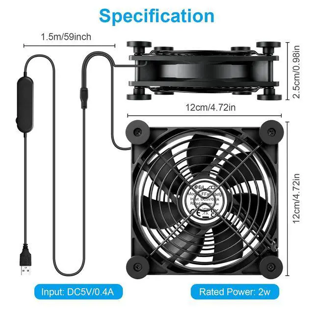 Alt view image 6 of 7 - 120mm USB Fan, Continuously Variable Speed Quiet Dual PC Fan for Receiver DVR PlayStation Xbox Computer Cabinet Router TV Cooling