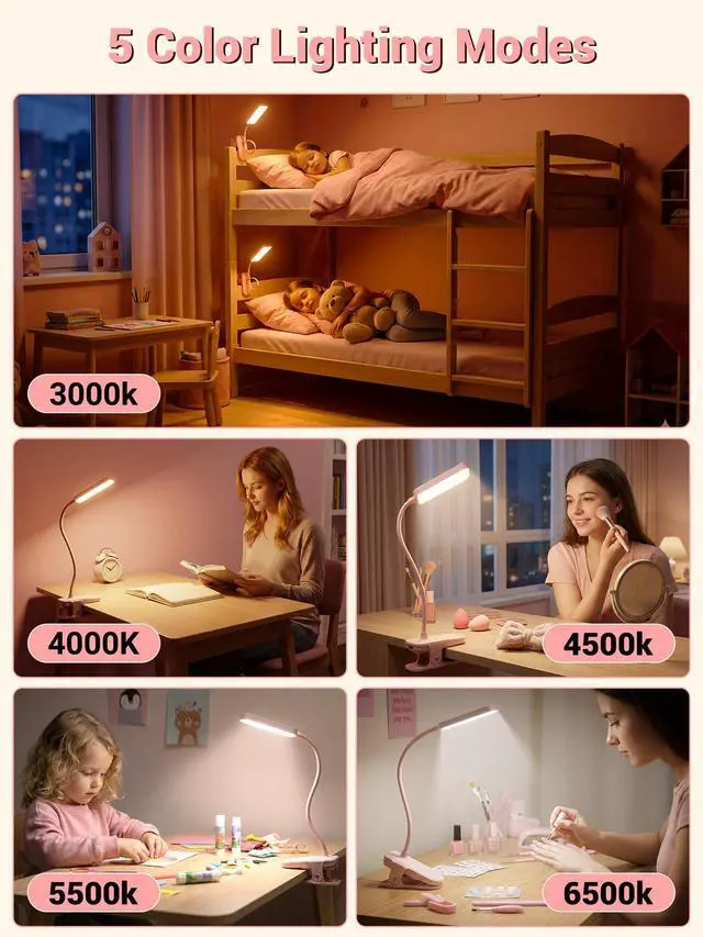 Alt view image 3 of 7 - Pink Desk Lamp for Dorm Lamp, 9 Brightness+5 Color Clip on Light, Cute Lamp | 4000mAh Battery Rechargeable, Small Pink Lamp for Girls/Kids, Cordless Clip on Reading Light for Bed/Headboard/Bedside