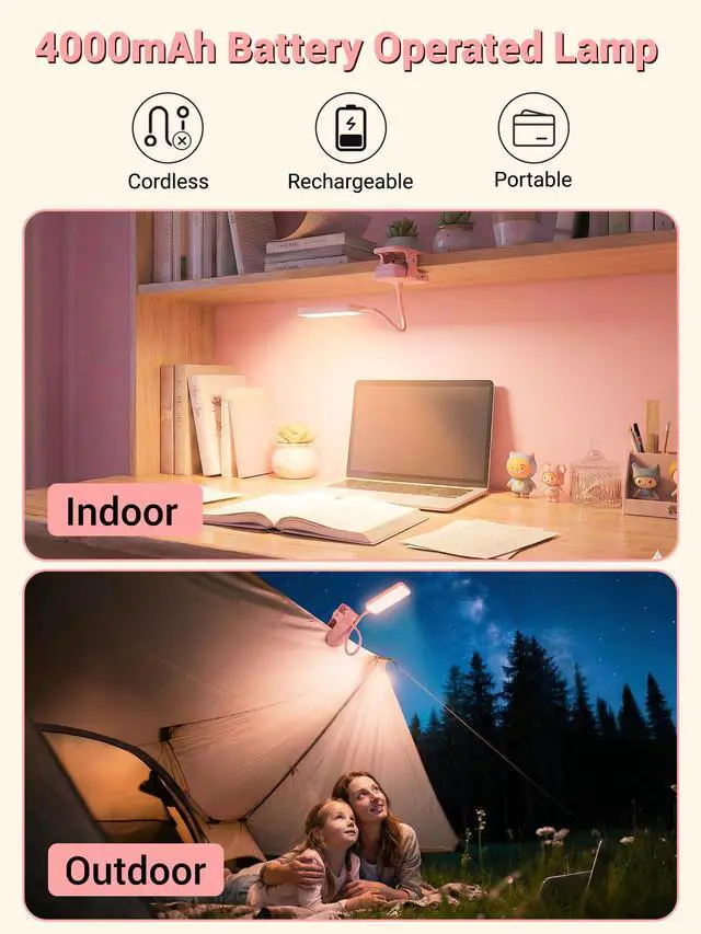 Alt view image 4 of 7 - Pink Desk Lamp for Dorm Lamp, 9 Brightness+5 Color Clip on Light, Cute Lamp | 4000mAh Battery Rechargeable, Small Pink Lamp for Girls/Kids, Cordless Clip on Reading Light for Bed/Headboard/Bedside