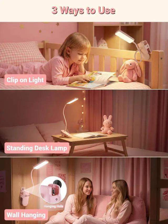 Alt view image 7 of 7 - Pink Desk Lamp for Dorm Lamp, 9 Brightness+5 Color Clip on Light, Cute Lamp | 4000mAh Battery Rechargeable, Small Pink Lamp for Girls/Kids, Cordless Clip on Reading Light for Bed/Headboard/Bedside