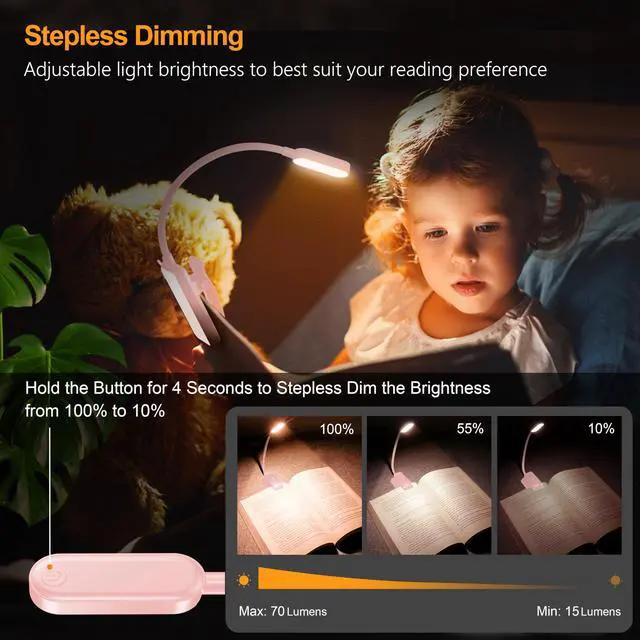 Alt view image 3 of 7 - 16 LED Rechargeable Book Light for Reading in Bed | Eye Caring 3 Color Temperatures, Stepless Dimming Brightness, 80 Hrs Runtime, Lightweight Flexible Clip on Light-Pink