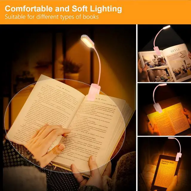 Alt view image 4 of 7 - 16 LED Rechargeable Book Light for Reading in Bed | Eye Caring 3 Color Temperatures, Stepless Dimming Brightness, 80 Hrs Runtime, Lightweight Flexible Clip on Light-Pink